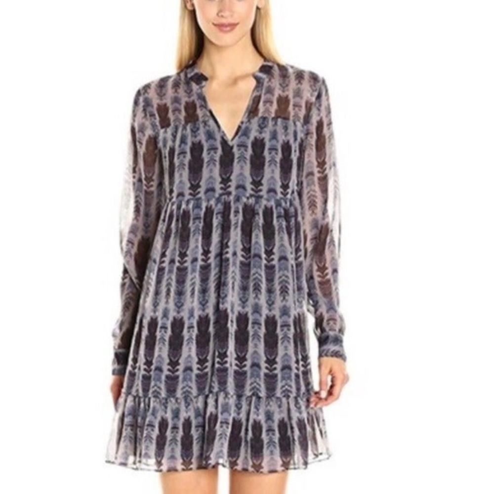 BCBGeneration Blue Mesh Tiered Feather-print Dress Size Small